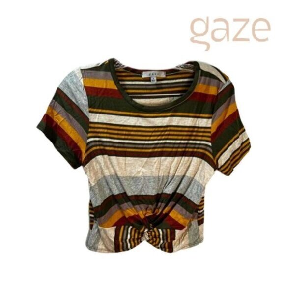 GAZE Women's Front Twist Short Sleeve Stripe Crop T-Shirt Tops‎ Blouse - Picture 1 of 7